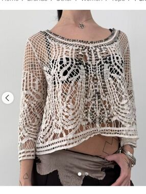 Ecote Sz  S Cream Boho Crochet Open Knit Top